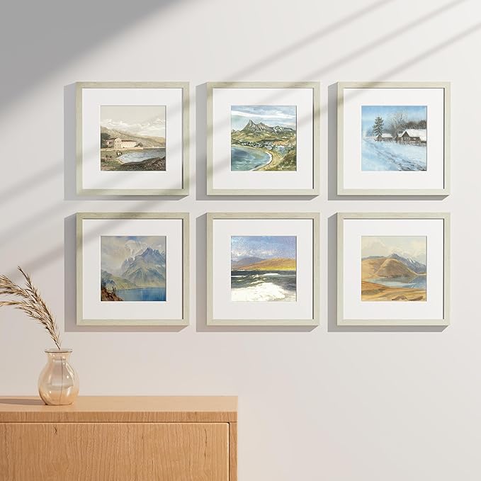 Vittanly 12x12 Picture Frames Set of 9, Shatter Resistant Plexiglass, Display 8x8 Pictures with Mat or 12x12 without Mat, Photo Frames for Wall Mount, Engineered Wood, Whitemist-Ruum Studio Home