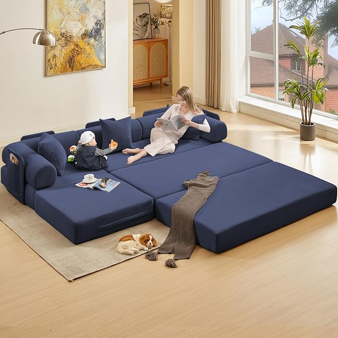 107" Oversized Convertible Sleeper Sofa Bed, Corduroy L Shape Sectional Couch, Folding Sofa Bed with Side Pocket, Modern Cloud Floor Mattress Couch,Modular Sofa for Living Room,Dark Blue-Ruum Studio Home