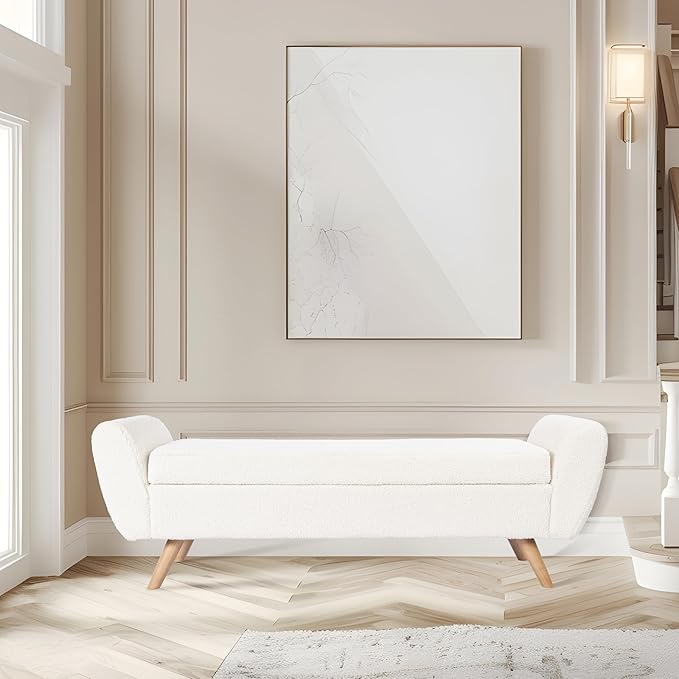 HomePop Modern Storage Bench with Wood Legs Home Décor|Bench with Storage for Living Room & Bedroom - Sherpa Cream-Ruum Studio Home