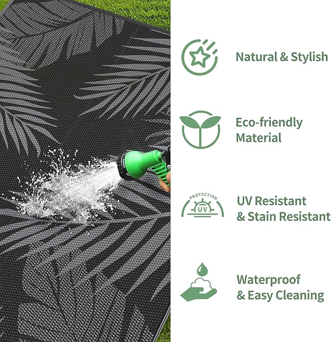GENIMO Outdoor Rug 5' x 8' Waterproof for Patios Clearance, Reversible Outdoor Plastic Straw Camping Rug Carpet, Large Area Rugs Mats for RV, Picnic, Backyard, Deck, Balcony, Porch, Beach, Black&Grey-Ruum Studio Home