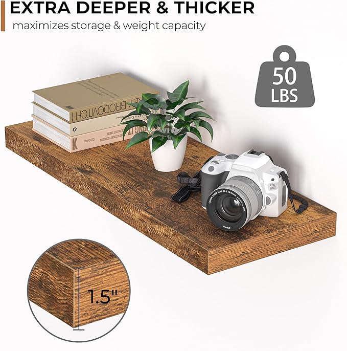 Floating Shelves - 2 Pack 9 Inch Rustic Wooden Wall Shelves - Extra Deeper & Thicker Wall Mounted Storage Shelf for Living Room, Kitchen, Farmhouse - 24" W x 9" D x 1.6" H - Rustic Brown-Ruum Studio Home