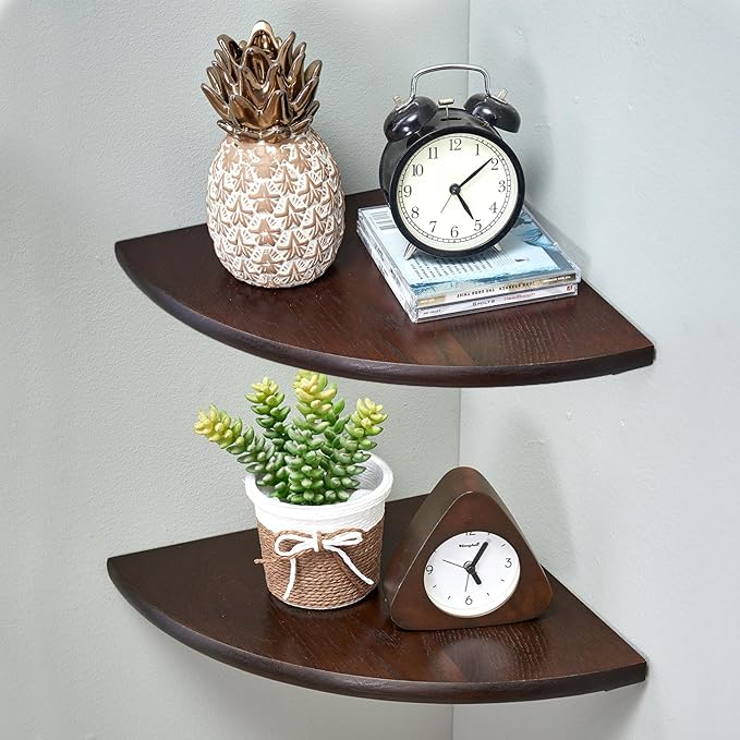 Corner Shelves, Floating Corner Shelf, Set of 2 10inch Solid Oak Wood Corner Wall Shelves, Round End with Wire Hole for Small Plant for Bedroom Kitchen, Living Room-Ruum Studio Home