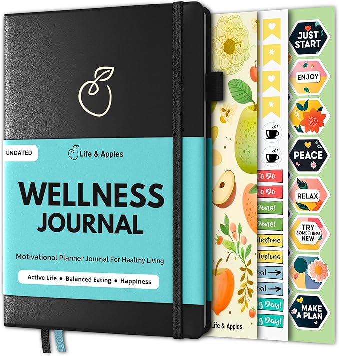 Life & Apples Wellness Journal Planner – Food Log, Fitness Tracker, Habit Tracker, Weight Loss Journal for Diet Tracking and Health Goals, Undated, Size A5, Black-Ruum Studio Home