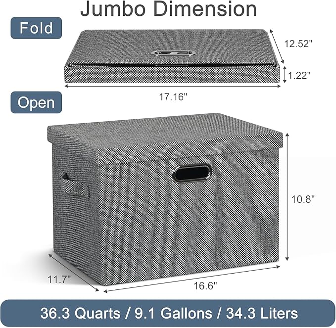 Large 17" 36 Quart Collapsible Stackable Storage Bins with Lids, 3 Packs Black and White Mix Linen Fabric Closet Boxes with Lids, Storage Cube Baskets Container Organizers (17x12x11)-Ruum Studio Home