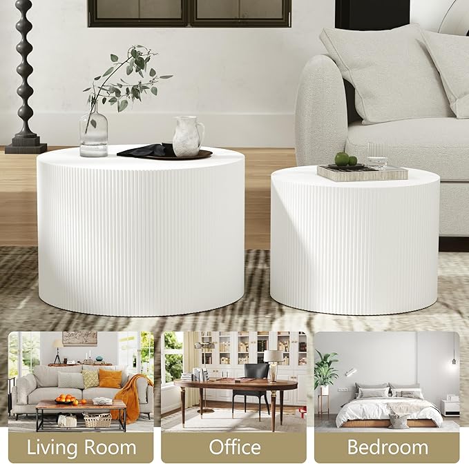 Round Coffee Table Set of 2, Modern Wooden White Nesting Coffee Tables for Living Room, No Assembly Required Circle Side Tables Set Accent End Table for Bedroom, Balcony-Ruum Studio Home