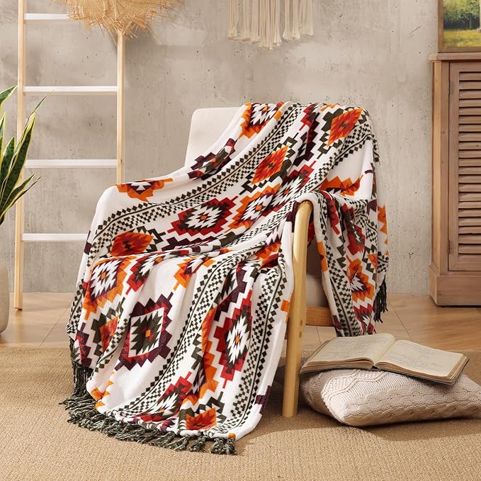 CASAAGUSTO Boho Throw Blanket - Orange and Green Decorative Blankets with Tassel, Printed Flannel Bohemian Blanket for Chair, Bed, Sofa, Couch(60 * 80, Orange and Green)-Ruum Studio Home