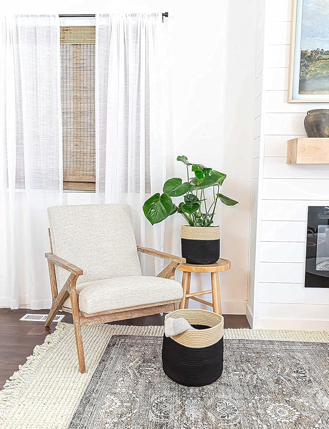 Woven Cotton Rope Plant Basket for 10" Flower Pot Floor Indoor Planters Flower Pot, Home Decor Storage Organizer H11 x W11 Black&Brown-Ruum Studio Home