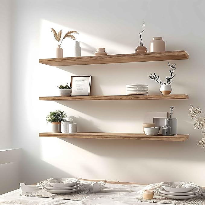 Wood Floating Shelves for Wall Decor, Rustic Wall Shelves for Bedroom Bathroom Kitchen Living Room, Set of 4 Light Walnut 48 Inch-Ruum Studio Home