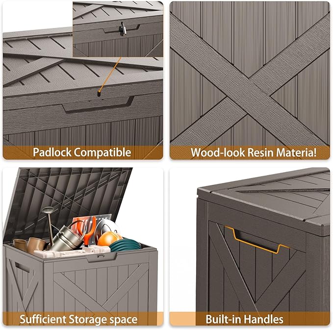 32 Gallon Resin Deck Box, Lockable Outdoor Storage Box for Patio Cushions Storage Furniture,Garden Tools, Pool Supplies, Weatherproof and UV Resistant (Grey X)-Ruum Studio Home