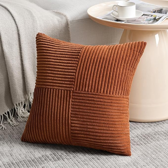 Fancy Homi 2 Packs Rust Decorative Throw Pillow Covers 16x16 Inch for Living Room Couch Bed, Rustic Farmhouse Boho Home Decor, Soft Corss Patchwork Corduroy Square Terracotta Cushion Case 40x40 cm-Ruum Studio Home