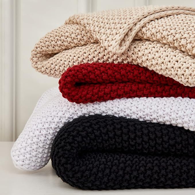 Chunky Cable Knit Throw Blanket Lightweight Wine red 100% Organic Cotton Blanket for Sofa Couch Bed Baby Nursery, Rustic Shabby Chic Modern Farmhouse, 60” x 80” Give Laundering Bag-Ruum Studio Home