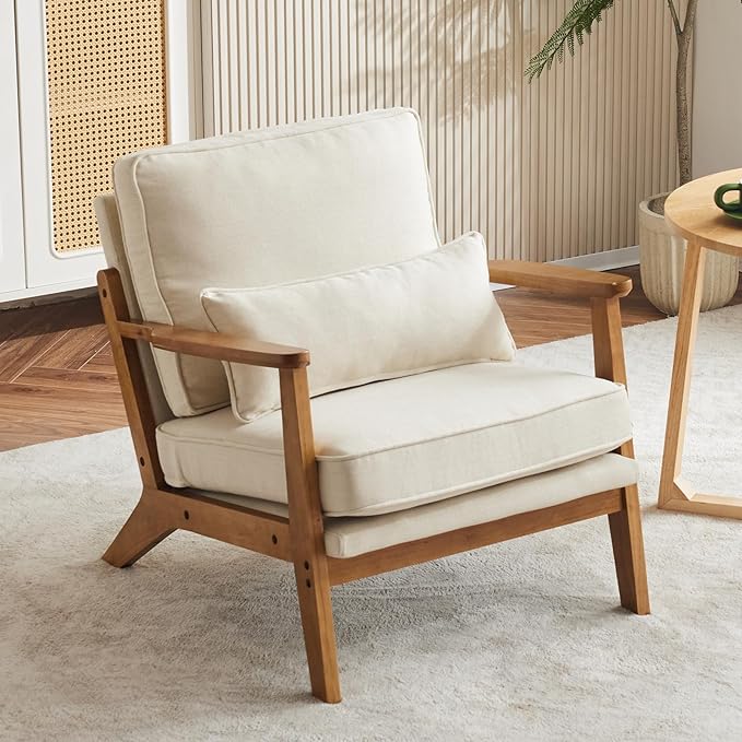 Karl home Accent Chair Wide Armrest Mid-Century Lounge Chair Linen Fabric Armchair with Lumbar Pillow & Solid Wood Frame for Living Room, Bedroom, Balcony, Beige-Ruum Studio Home