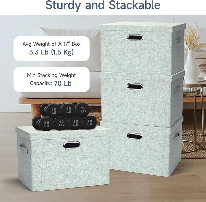 Large 17" 36 Quart Collapsible Stackable Storage Bins with Lids, 3 Packs Light Green Linen Fabric Closet Boxes with Lids, Storage Cube Baskets Container Organizers for Office (17x12x11)-Ruum Studio Home