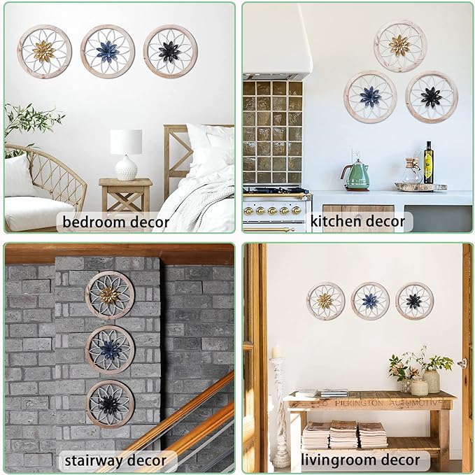 Paquesta 3 Piece Round Farmhouse Wall Decor with 6 Piece Interchangeable Flowers 12'' Medallion Wood & Metal Rustic Wall Art for Living Room Bedroom Kitchen Bathroom Dining Room Home Decorations-Ruum Studio Home