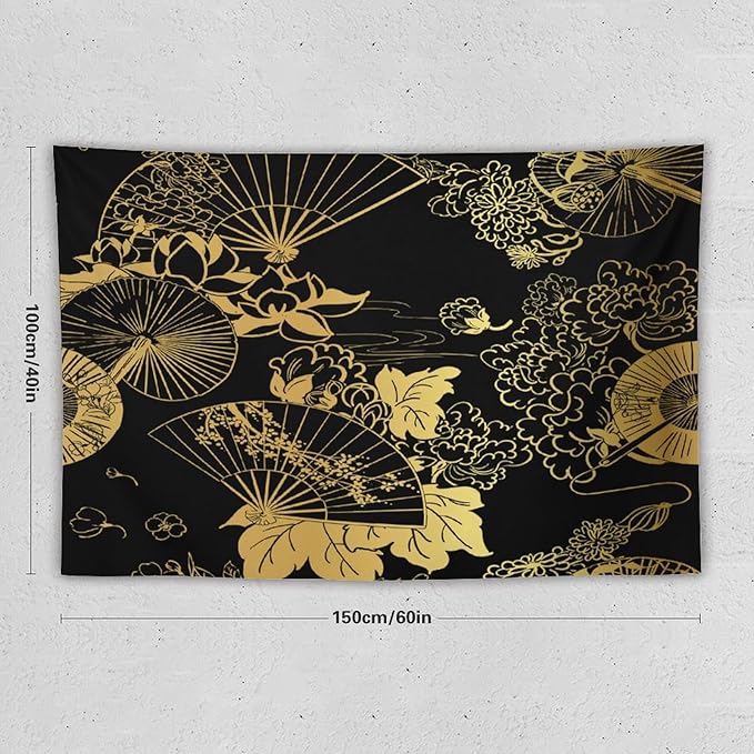 HZOHNAGO Japanese Tapestry Gold Flowers Umbrella Fan Pattern Printed Wall Tapestry Painting Wall Hanging for Bedroom Living Room Dorm 60" W x 40" H-Ruum Studio Home