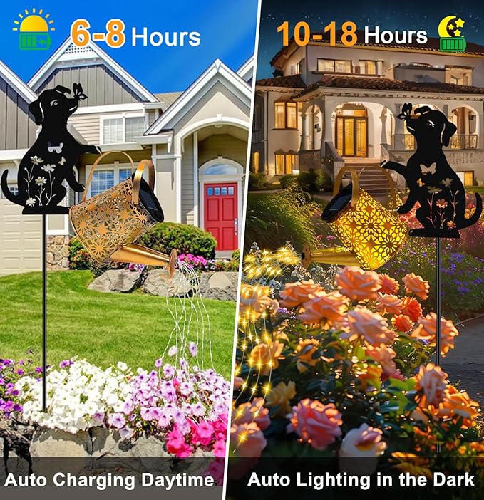 Solar Lights Outdoor Decorative, Watering Can with Cascading Lights, with Dog Silhouette Garden Stakes, Waterproof Metal Garden Decor for Yard Art, Outside, Patio, Lawn Ornaments(1 Pack)-Ruum Studio Home