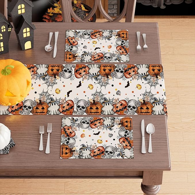 XCHI Spooky Skeleton Ghost Pumpkin Halloween Placemats Set of 4 Table Mats for Party Home Kitchen Dining Table Decorations 12x18 Inch-Ruum Studio Home
