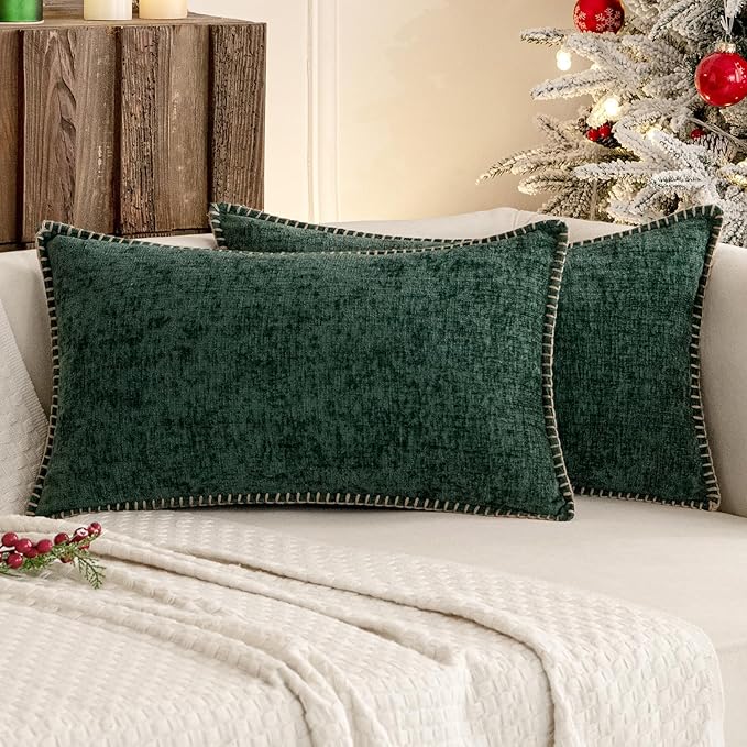 MIULEE Pack of 2 Christmas Pillow Covers 12x20 Inch Dark Green Farmhouse Decorative Throw Pillow Covers with Stitched Edge Soft Chenille Solid Dyed Couch Pillow Covers for Sofa Bed Living Room-Ruum Studio Home