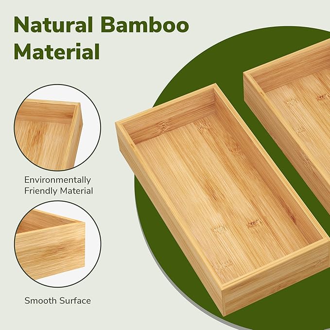BAMEOS Deep Utensil Drawer Organizer, Bamboo Silverware Organizer for Kitchen Drawer Storage Flatware Junk Cutlery Jewelry 14"x 6.8" Set of 2 (Natural)-Ruum Studio Home