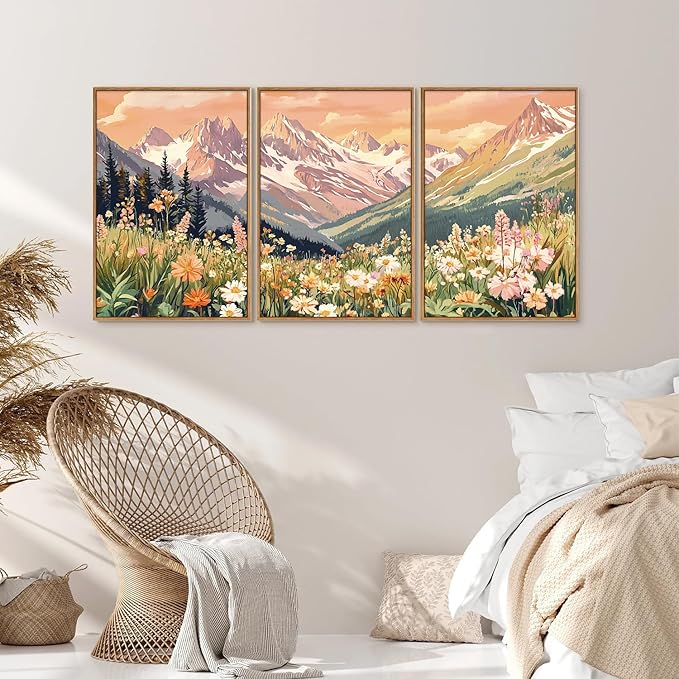 SIGNINART Vintage Floral Framed Canvas Wall Art Set, Large Mountains Nature Landscape Wall Decor, Bohemian Wildflower Forest Artwork, Pink Ridge Art Printing for Living Room Bedroom Office 16"x24"x3-Ruum Studio Home