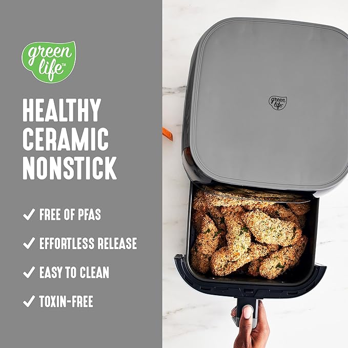 GreenLife Compact Electric Air Fryer Oven, 5.3 QT, PFAS-Free Ceramic Nonstick Drawer, 8 One Touch Digital Display, Easy View Window, Auto Shut-Off Timer, Dishwasher Safe Parts, 1500 Watts, Graphite-Ruum Studio Home