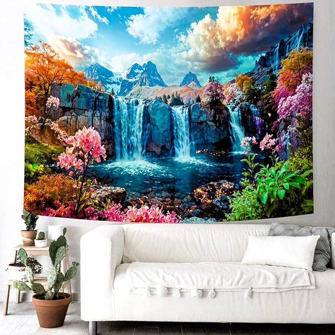 Delur Waterfall Tapestry Tropical Forest Mountain Sunset Tree Wall Hanging Tapestry Scenic Rainforest Landscape Nature Sunrise Headboard for Bedroom Living Room Home Decor (70.8" x 92.5")-Ruum Studio Home