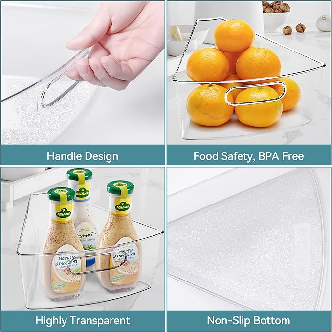 Oubonun Lazy Susan Organizers Set of 6, 10.2”x 9.4”x 4” Plastic Transparent Kitchen Cabinet Storage Bins with Handle, 4" Deep Container, 1/8 Wedge - Food Safe, without BPA-Ruum Studio Home
