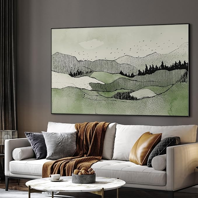 SIGNWIN 46"x72" Extra Large Framed Wall Art Green Line Art Mountain Landscape Illustration for Home Living Room Bedroom Decor (Frame Assembly Required)-Ruum Studio Home