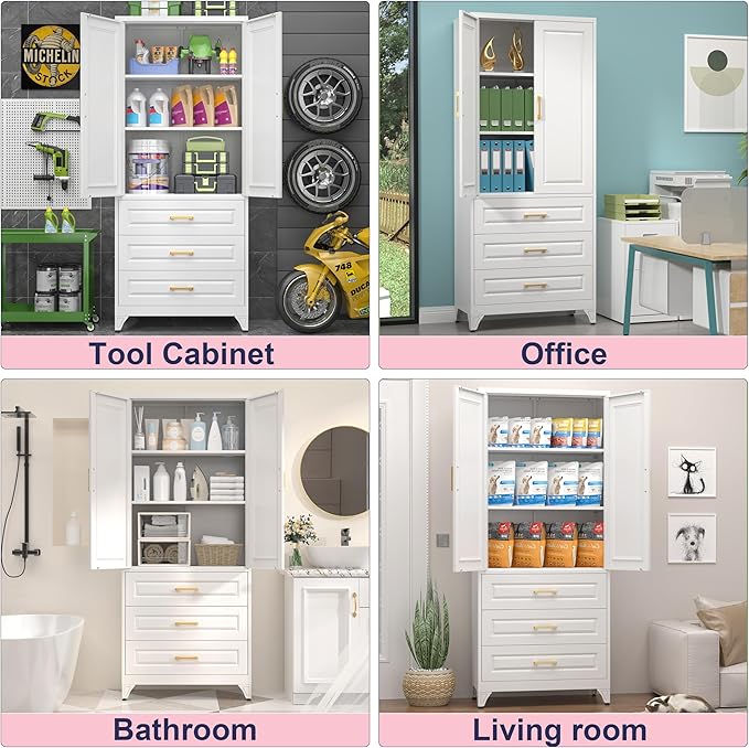 Pantry Kitchen Cabinet with Drawer, 75" Tall Pantry Storage Cabinet, Metal Storage Cabinets with Doors and Shelves, Large Freestanding Cupboard for Dining Room, Assembly Required, White-Ruum Studio Home