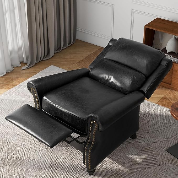 UIXE Pushback Recliner Chair, PU Leather Armchair Push Back Accent Chair for Living Room, Rivet Trim Club Chair Home Theater Overstuffed Single Sofa Bedroom Reading Seat - Black-Ruum Studio Home