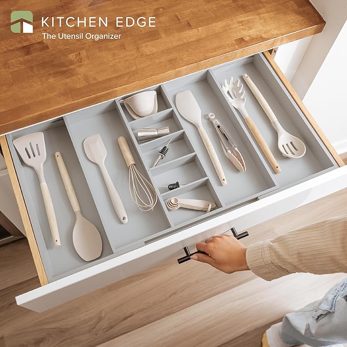 Adjustable Kitchen Drawer Organizer for Utensils and Junk, Food-Safe Contract Grade with 100% Sustainable Wood, Expandable from 19 to 33 Inches Wide - Gray Bamboo-Ruum Studio Home