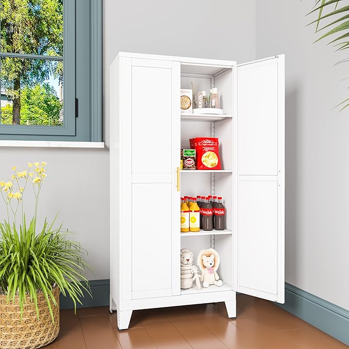 Metal Pantry Cabinet, Kitchen Pantry Storage Cabinets with 2 Door and 3 Adjustable Shelves, White Kitchen Pantry Cabinet, Freestanding Cupboard for Dining Room Living Room Bathroom-Ruum Studio Home