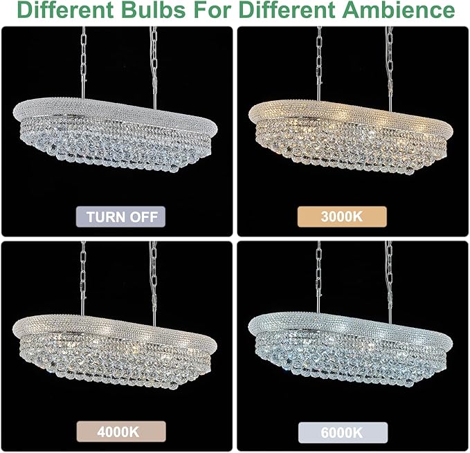 Rectangular Crystal Chandeliers for Dining Room,10 Lights Adjustable Height Oval Crystal Ceiling Light Fixture for Kitchen Island, Chrome Finish, L36''-Ruum Studio Home