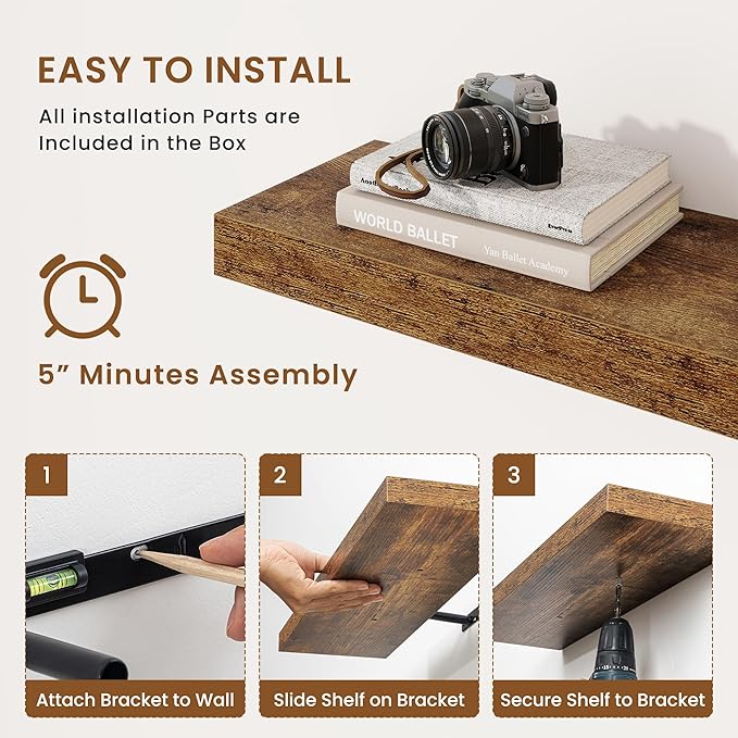 fuqing Floating Shelves for Wall, Bathroom Shelf Wall Mounted for Storage, Shelves with Invisible Bracket for Bedroom, Kitchen, Living Room, Farmhouse Small Book Shelf, 48 Inch Set of 2, Rustic Brown-Ruum Studio Home