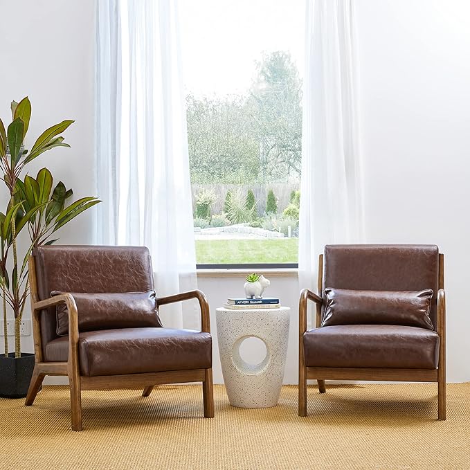 Glitzhome 2 Set Mid Century Coffee Accent Armchair, Single Reading Armchair PU Leather Lounge Chair with Walnut Ruberwood Frame-Ruum Studio Home