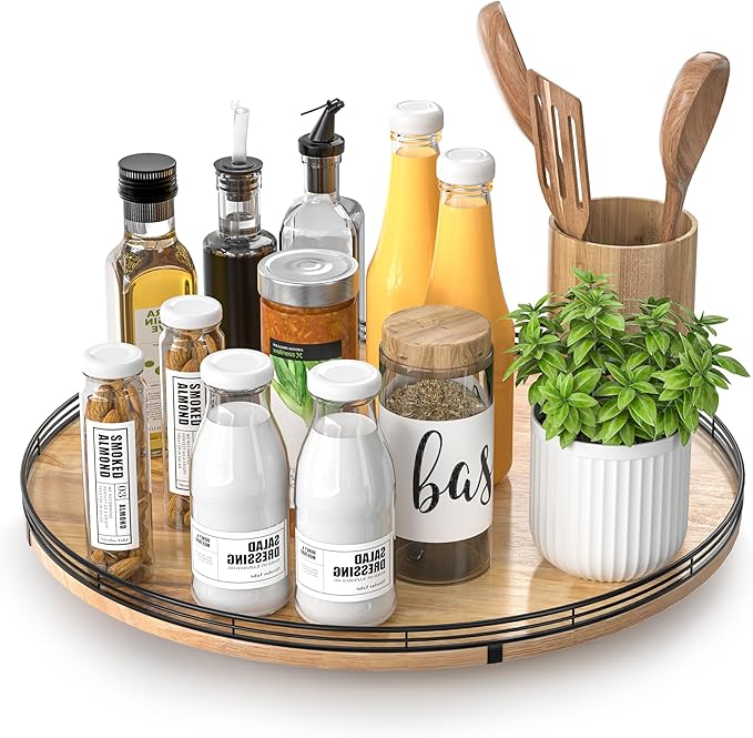 16" Lazy Susan Oak Wood Turntable Organizer for Cabinet, Farmhouse Round Wooden Large Lazy Susan Organization and Storage for Dining Table, Pantry, Kitchen, Bathroom, Countertop, Cupboard, Home Decor-Ruum Studio Home