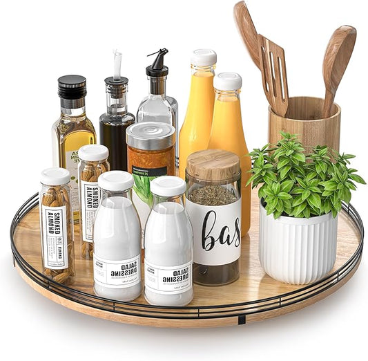 16" Lazy Susan Oak Wood Turntable Organizer for Cabinet, Farmhouse Round Wooden Large Lazy Susan Organization and Storage for Dining Table, Pantry, Kitchen, Bathroom, Countertop, Cupboard, Home Decor-Ruum Studio Home
