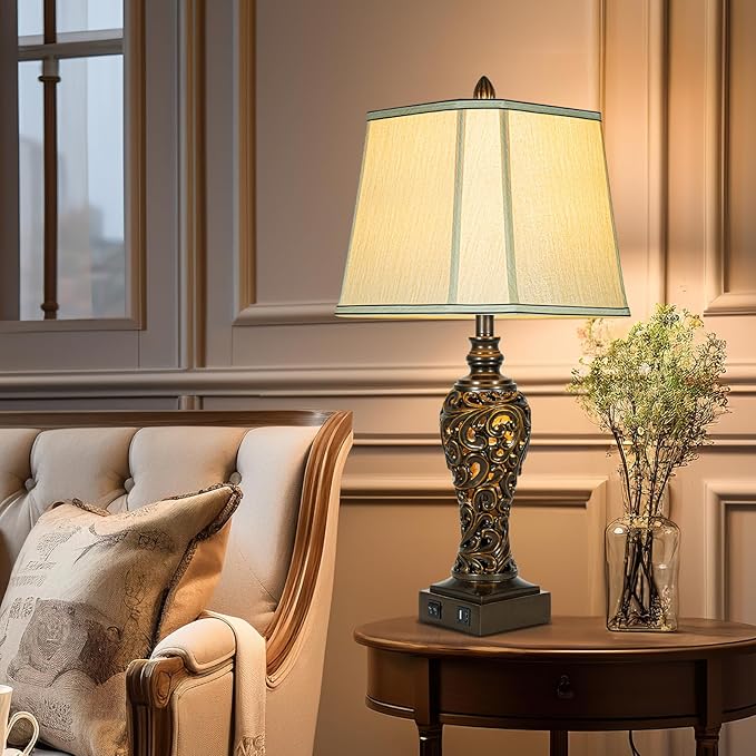 28.5" high Vintage Brown Table Lamps Set of 2 - Bedside Lamp with Faux Silk Shades - for Bedroom and Living Room with USB and Nightlight - Perfect for Nightstands and Bedrooms (Bulb Included)-Ruum Studio Home