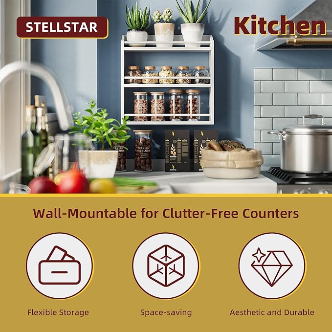 Spice Rack Wall Mounted, Freestanding Spice Organizer for Countertop, Bamboo Spice Storage Holder, for Kitchen Cupboard, Pantry, Bathroom (White)-Ruum Studio Home