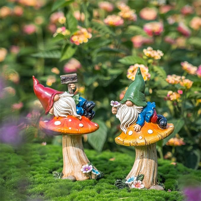 TERESA'S COLLECTIONS Garden Gnomes on Mushroom, Set of 2 Cute Resin Gnome Statues for Yard, Outdoor Patio Porch Lawn, Ideal Gift for Dad Mom Birthday, Outside Decor Housewarming Gifts-Ruum Studio Home