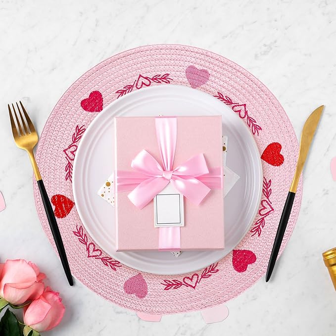 Whaline 4Pcs Round Valentine Placemats Red Pink Heart Embroidered Place Mats Decorative Dinner Table Mats for Home Wedding Anniversary Party Decor-Ruum Studio Home
