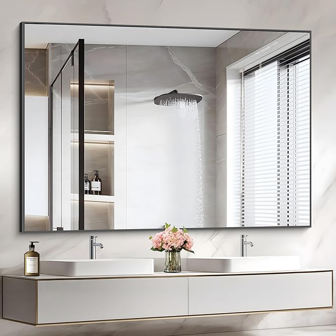 36x50inch Bathroom Mirror, Black Rectangle Mirrors with Thin Metal Frame, Large Rectangular Wall Mirror for Bathroom, Living Roomm, Hair Salon, Big Farmehouse Mirror Hang Horizontal/Vertical-Ruum Studio Home