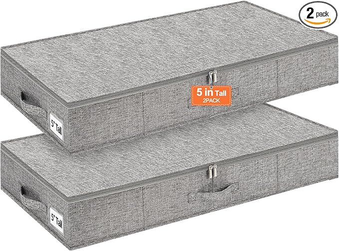 punemi Low Profile Under Bed Storage, 5 inches High Underbed Storage Containers With Sturdy Sidewalls & Bottom, Slim Under Couch Sofa Storage, Shallow Under Bed Organizer Clothes Storage Bins, 2Pack-Ruum Studio Home