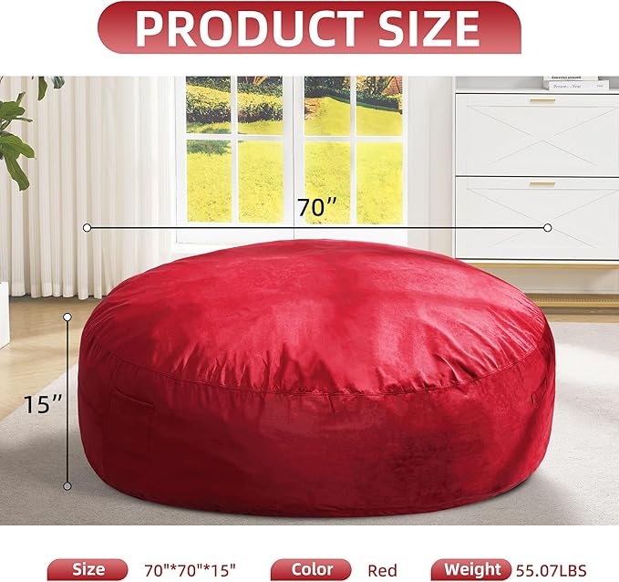 Hobestluk 6FT Bean Bag Chair Bean Bag Chairs for Adults Giant Bean Chairs with Velvet Cover, Memory Foam BeanBag Chair Fluffy BeanBag Chairs for Living Room, Bedroom- Red (70" x 70" x 15")-Ruum Studio Home