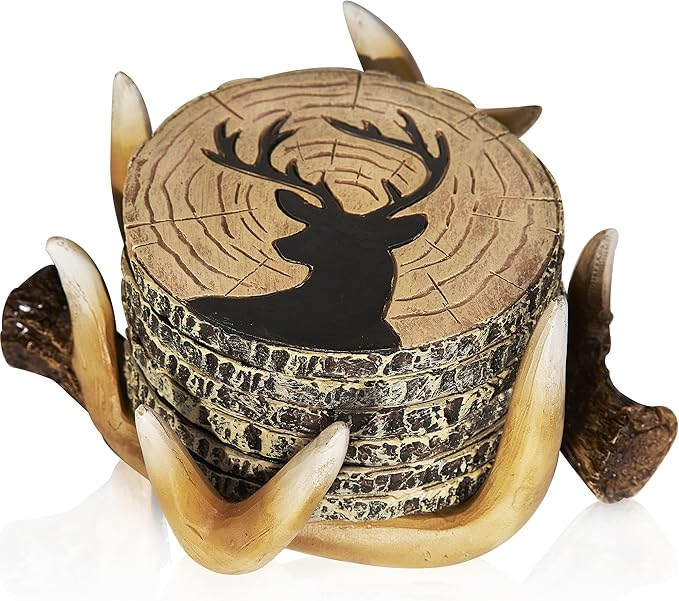 Deer Antlers Coaster Set of 6 – Handcrafted Deer Antler Decor and Man Cave Gifts for Men - 6 Full Size Deer Antlers Coasters for Man Cave Décor-Ruum Studio Home