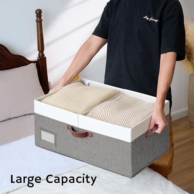 GRANNY SAYS Decorative Storage Boxes with Lid, Large Storage Bins with Double-Open Lid and Divider, Fabric Storage Bins for Clothes, Linen Storage Bins, 63L Closet Storage Bins, White&Gray-Ruum Studio Home