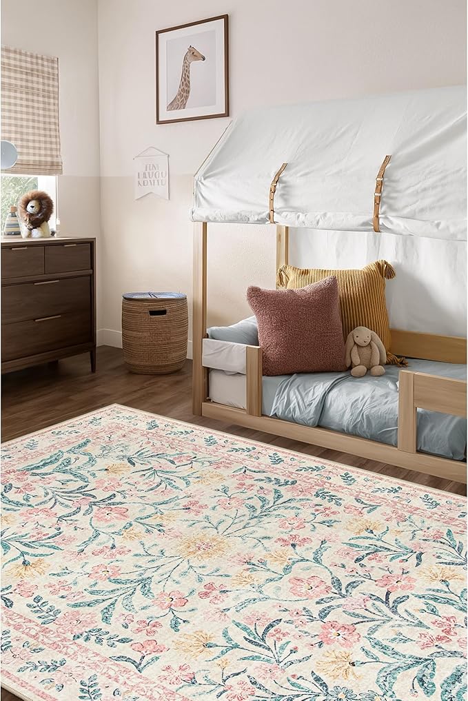 Wonnitar Machine Washable 5x7 Nursery Rug, Pink Rugs for Bedroom Girls, Boho Soft Floral Carpet Non Slip, Indoor Ultra-Thin Floor Carpet for Kid Room Living Room Dorm-Ruum Studio Home
