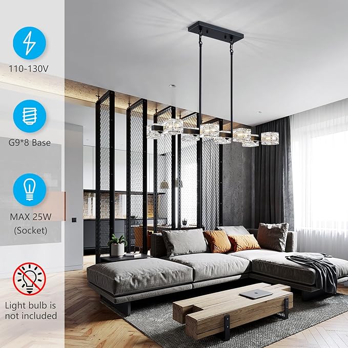 XINGQI Modern Chandeliers for Dining Room Over Table, 8-Light Rectangular Kitchen Island Light Fixture, Linear Farmhouse Metal Glass Black Vintage Hanging Lamp for Living Room Bar-Ruum Studio Home