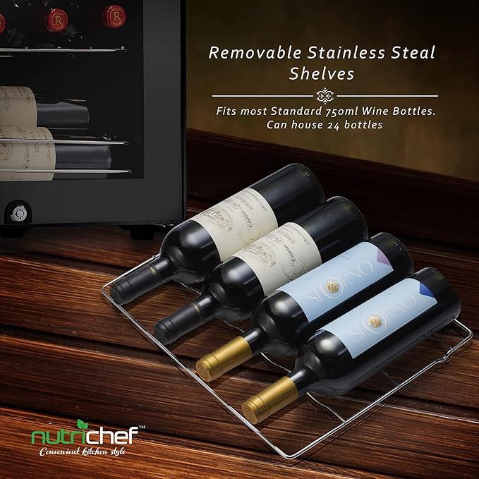 Nutrichef 24 Bottle Wine Fridge | Single Zone Wine Chiller | Adjustable Temperature Control 41°F to 64°F | Ultra Quiet Operation | Wine Cooler For Home & Office | Free Standing 29x16x17 IN-Ruum Studio Home