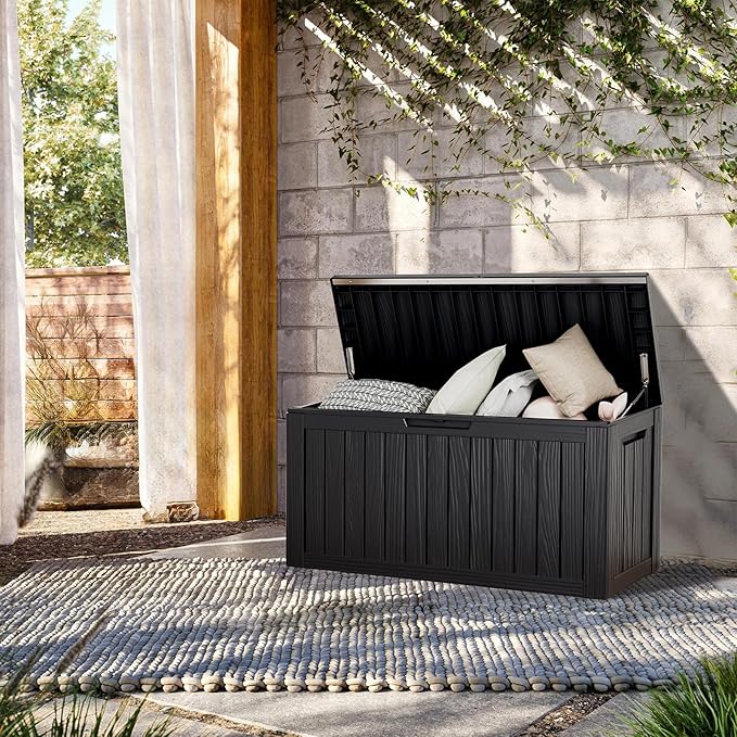 80 Gallon Lockable Resin Deck Box, Waterproof & UV-Resistant Outdoor Storage Box for Outdoor Cushion Storage, Garden Tools & Pool Accessories Storage, Black-Ruum Studio Home
